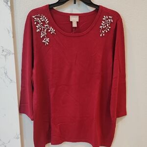 Chico's Red Embellished Blouse with Relaxed Fit, Size 12